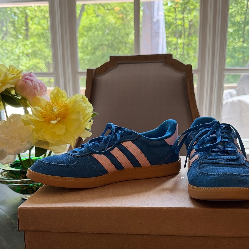 adidas Blue Suede Sneakers with Pink Stripes and Gum Sole